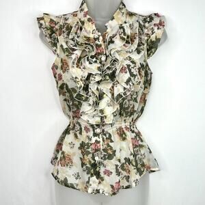 579 Floral Sheer Ruffle Front Blouse S